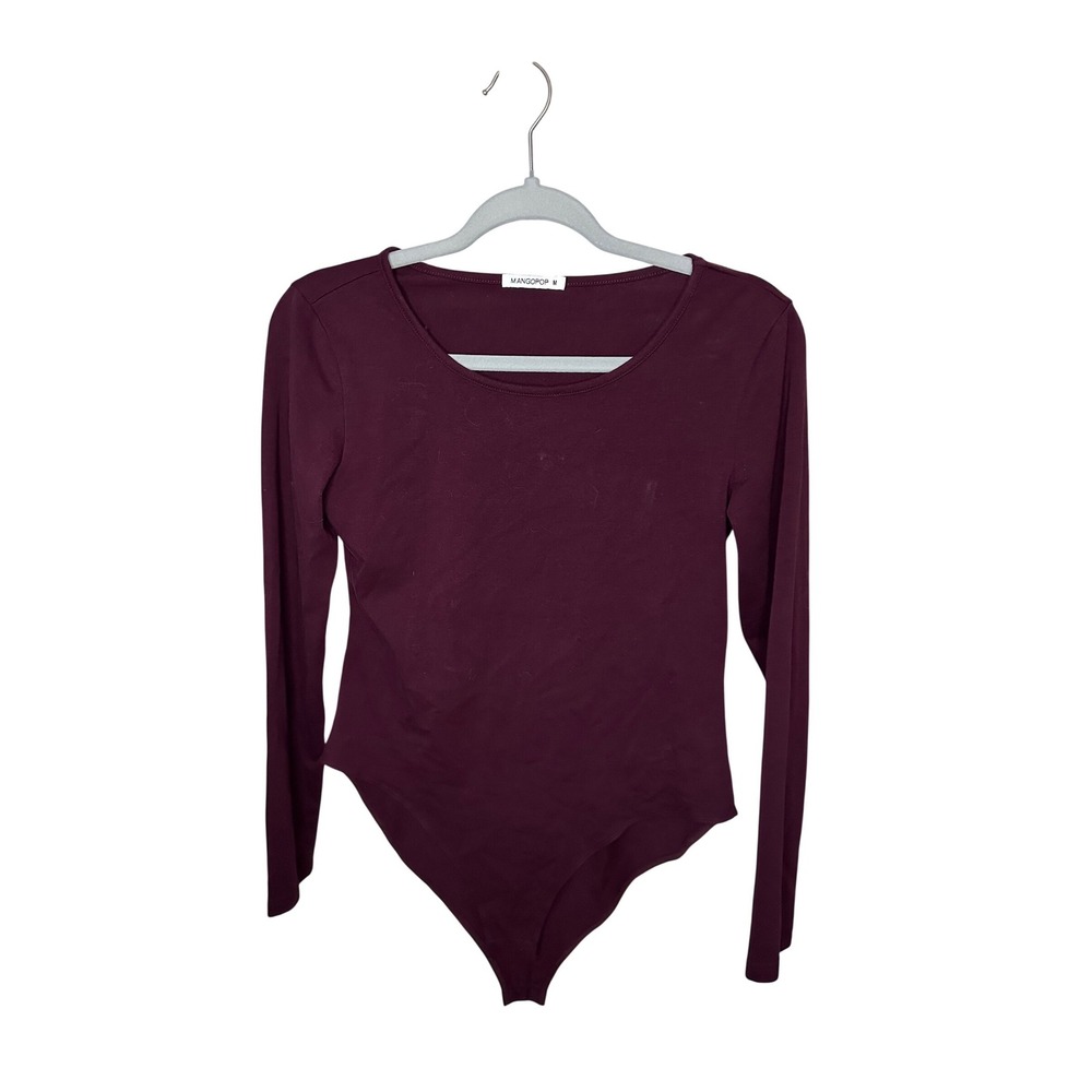 MANGOPOP Womens Long Sleeve‎ Scoop Neck Bodysuit Burgundy Wine Size M